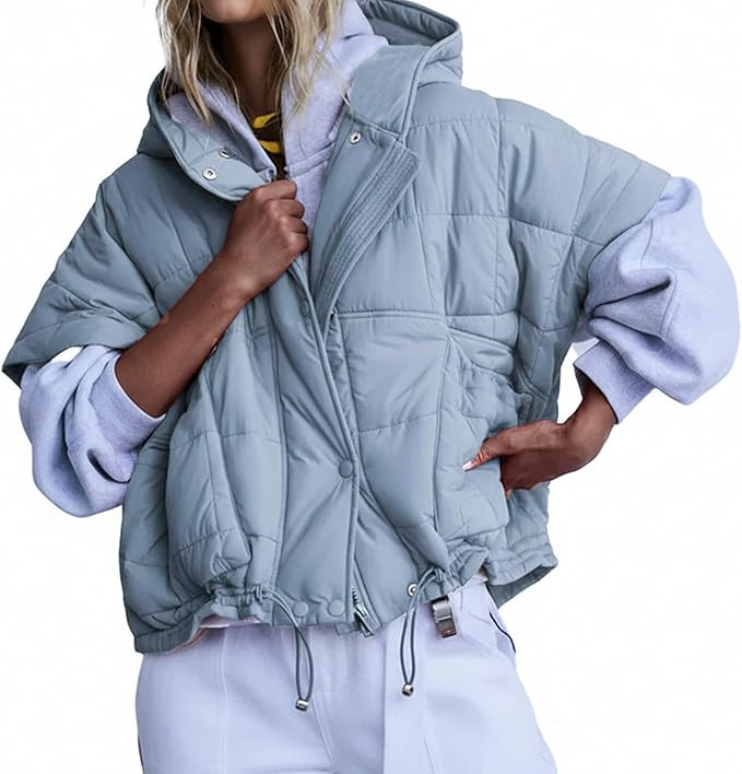 Women's Quilted Puffer Vest with Zip Up Hoodie Oversized Short Sleeves Jacket Casual Outdoor Gile... | Amazon (US)