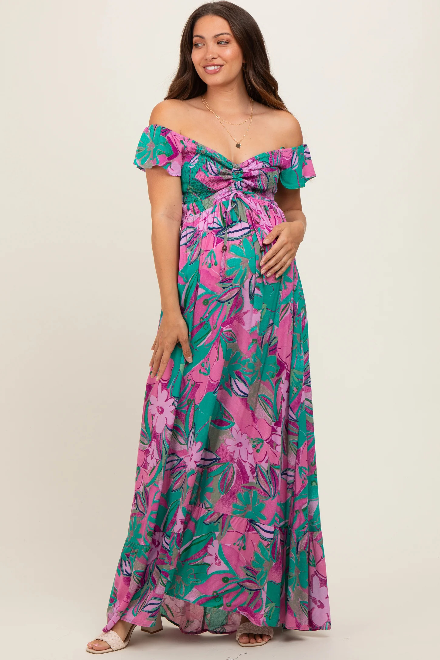 Violet Floral Smocked Off Shoulder Maternity Maxi Dress | PinkBlush Maternity