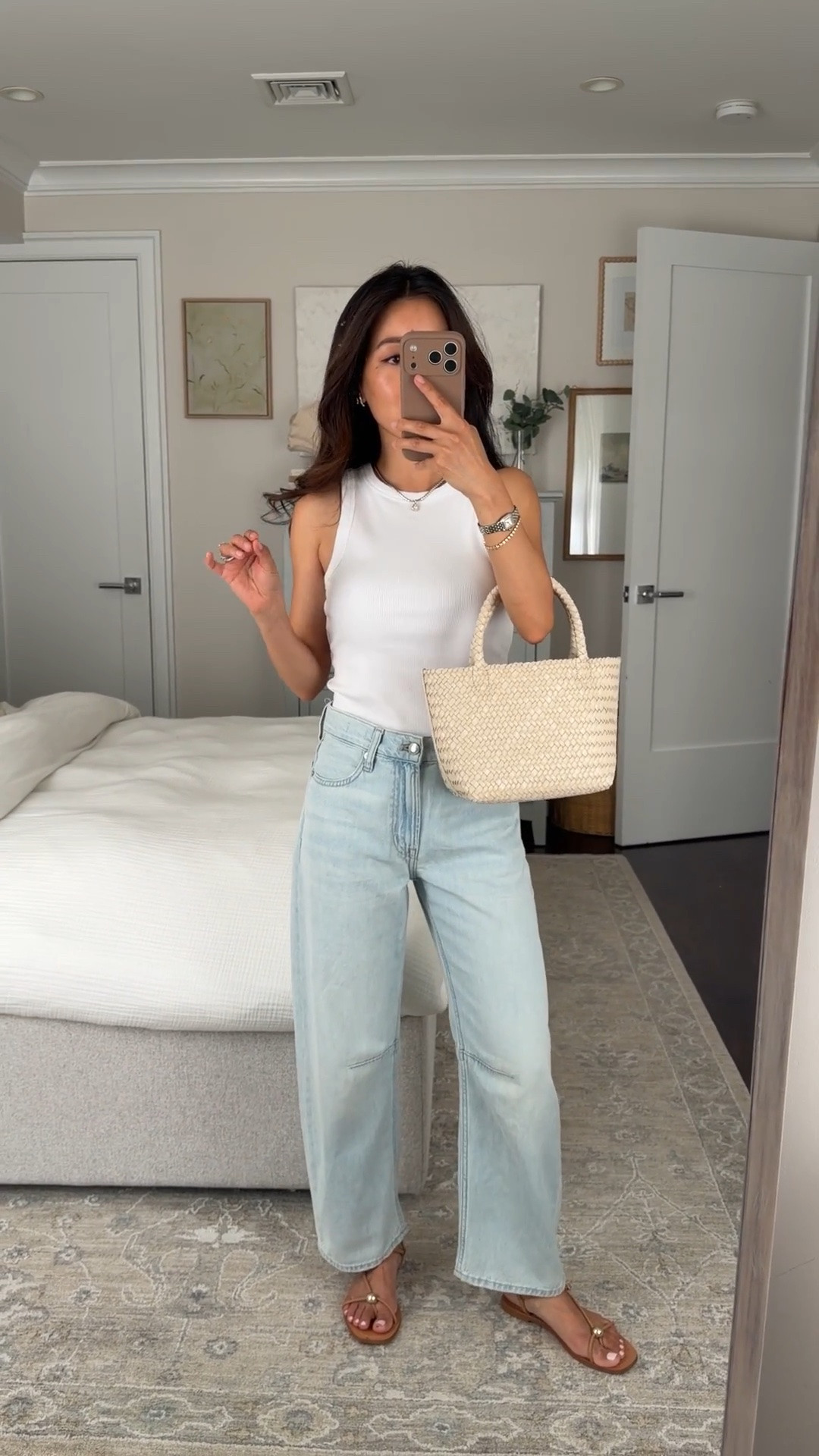 Great sale price! Sizing below
• Madewell subtle barrel jeans in Airy Denim 23 short, sized down. petite friendly length, mid high rise  
• Essential rib tank XXS 
• Woven mini tote  

Easy summer outfit, mom style, petite friendly jeans

#LTKPetite #LTKSeasonal #LTKootd