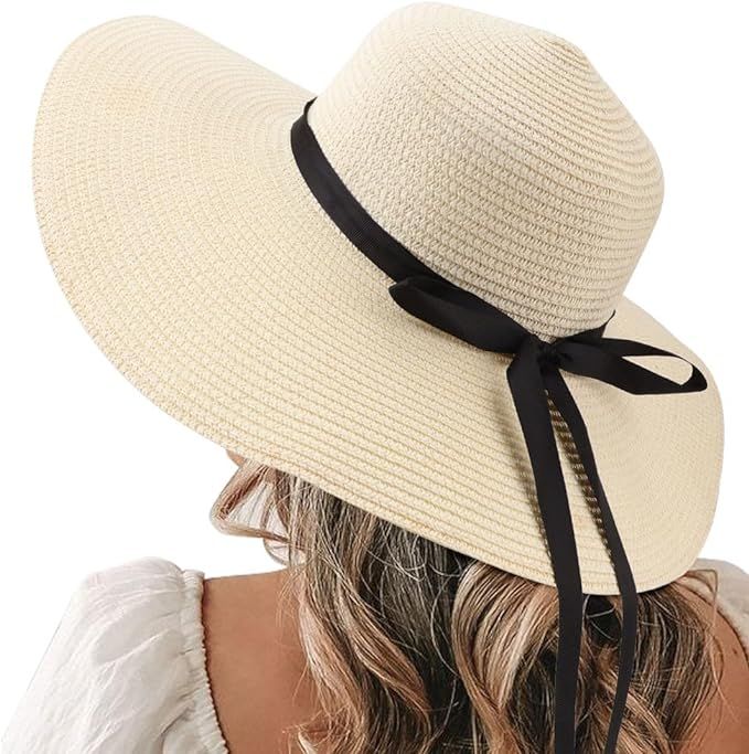 DRESHOW Beach Hats for Women Big Straw Wide Brim Summer Hat Floppy Foldable Roll up Cap Sun Hat U... | Amazon (US)