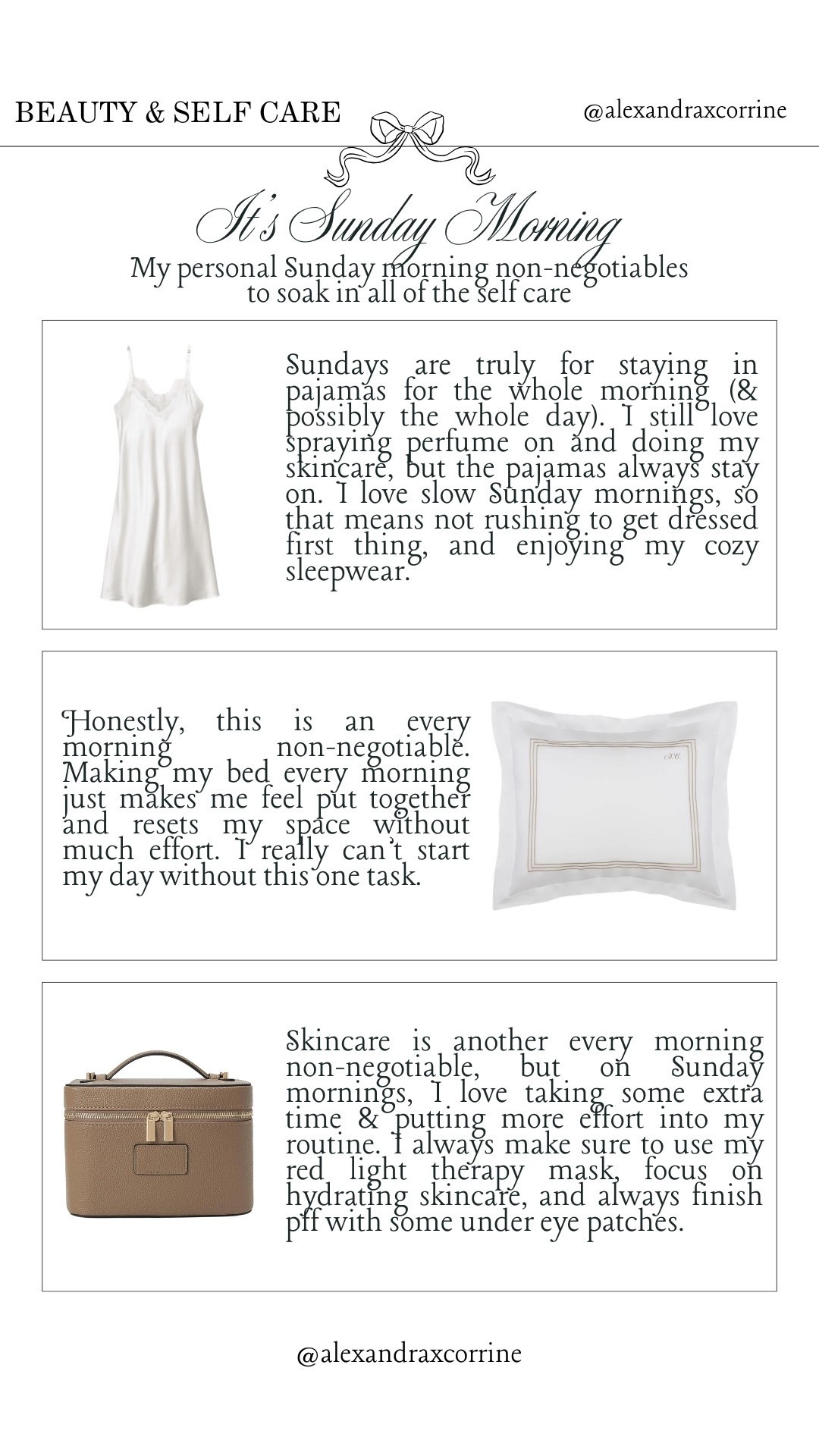 It’s Sunday morning ☕️ My personal Sunday morning non-negotiables to soak in all of the self care 🩰🤍

Self care Sunday, Sunday morning routine, self care aesthetic, chic elegant lifestyle, pajamas, sleepwear, bedding, cosmetic bag

#LTKmorningroutine #LTKselfcare