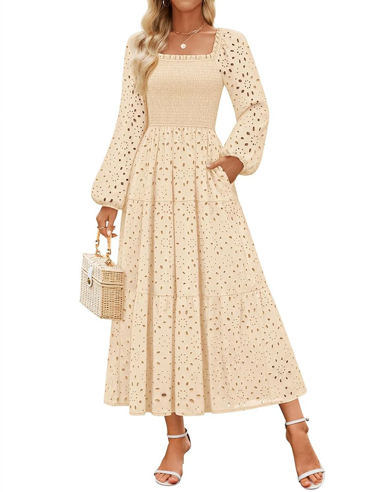 ZESICA Women's Fall Long Sleeve Maxi Dresses 2025 Square Neck Hollow Out Eyelet Smocked A Line Bo... | Amazon (US)