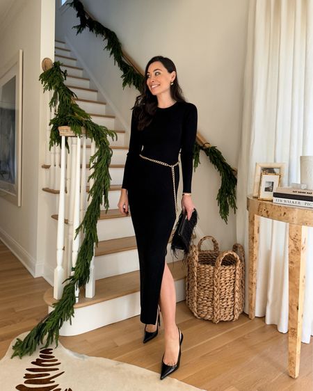 Kat Jamieson wears an elegant black midi dress with a gold belt. Cocktail party, lbd, holiday style, New Year’s outfit, holiday outfit, Christmas Eve.

#LTKHoliday #LTKSeasonal #LTKparties