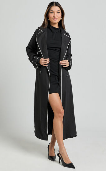 Anziel Coat - Double Breasted Longline Coat in Black | Showpo (ANZ)