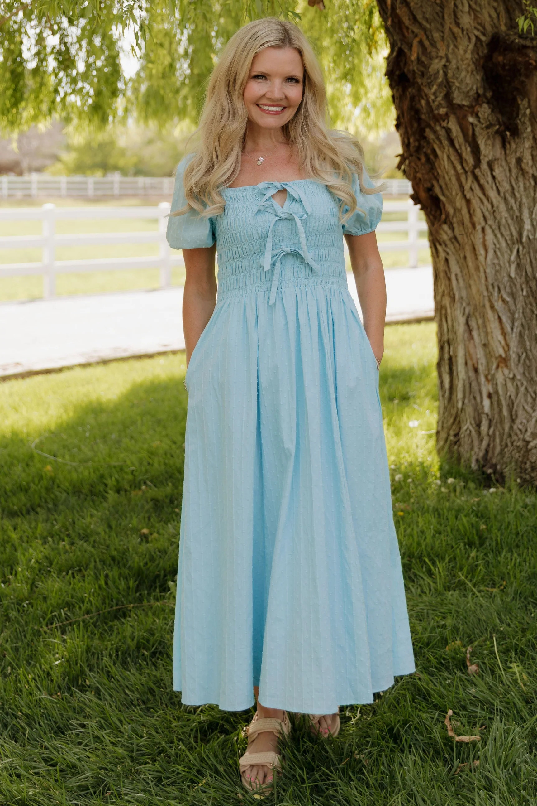 THE SUZANNAH BOW DETAIL DRESS IN BLUE | Pink Desert