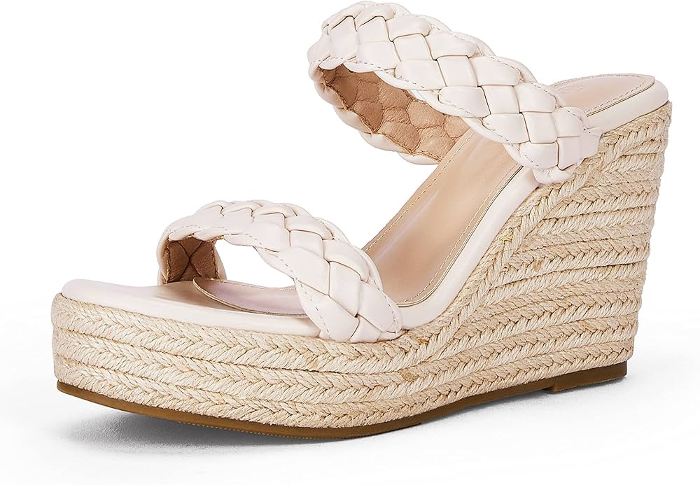 Womens Wedge Platform Sandals Espadrilles Two Strap Woven Slip On Summer Cute Slide Sandals | Amazon (US)