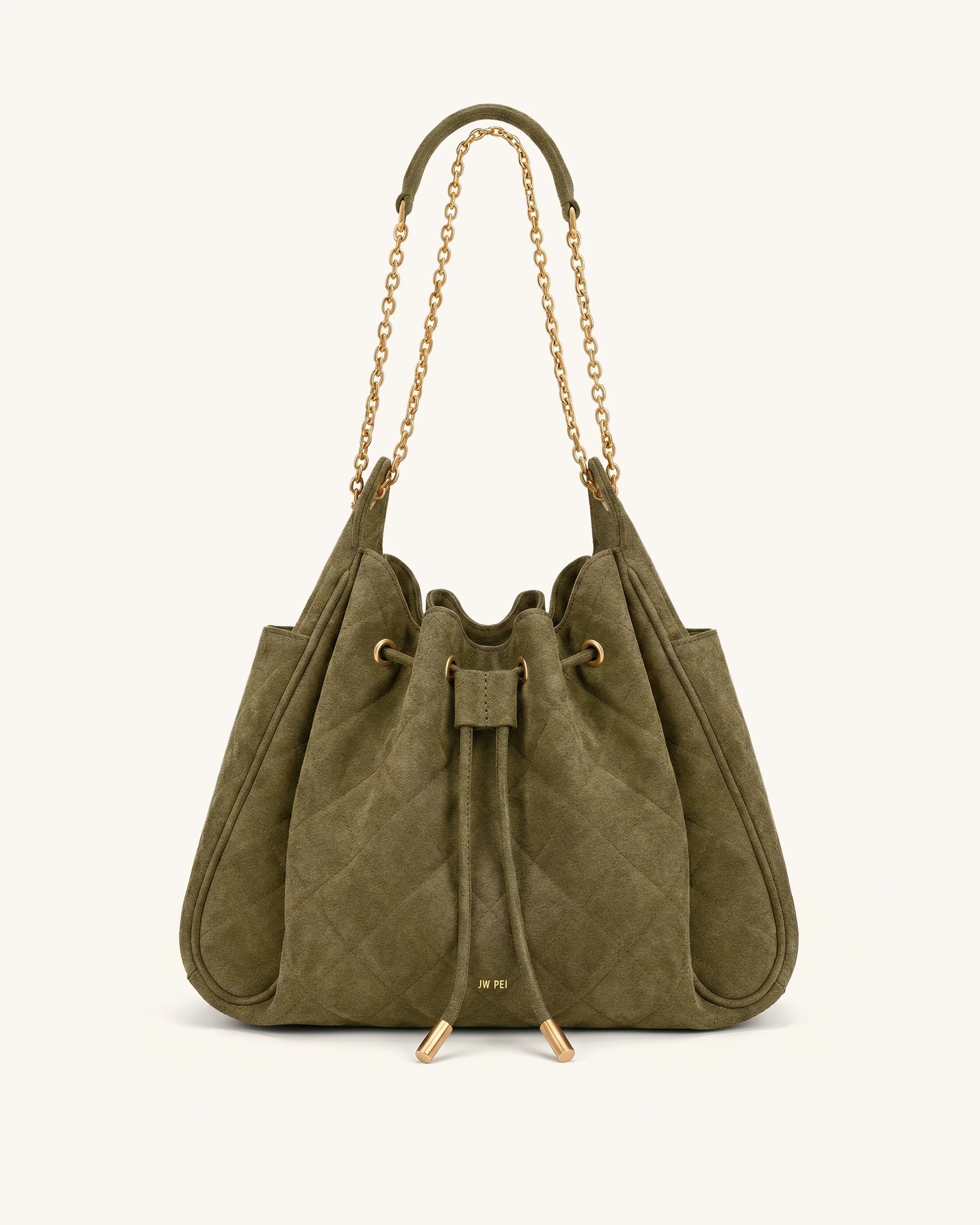 Rowan Faux Suede Quilted Chain Bucket Bag - Olive Green | JW PEI US