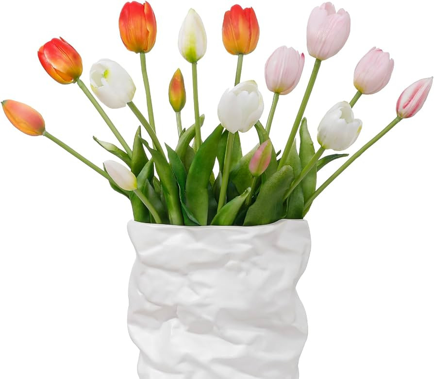 15 Pcs White-Orange-LightPink Artificial Tulips Fake Flowers, Premium Latex Lifelike Texture, UV ... | Amazon (US)