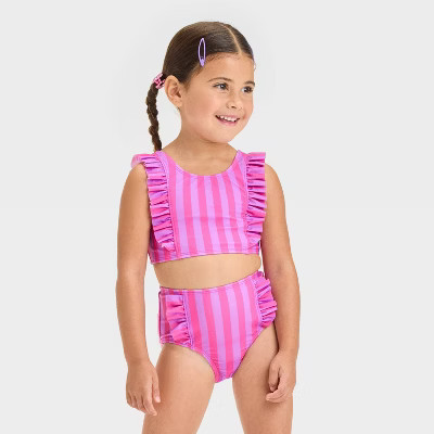Toddler Girls' Striped Ruffle Bikini Set - Cat & Jack™ Purple/Pink 5T: UPF 50+, Recycled Materials | Target