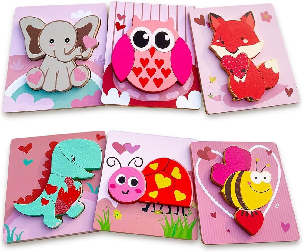 Melonegg Valentines Day Gifts 6 PCS Wooden Puzzles for Toddlers 1 2 3 Years Old, Toddler Learning... | Amazon (US)