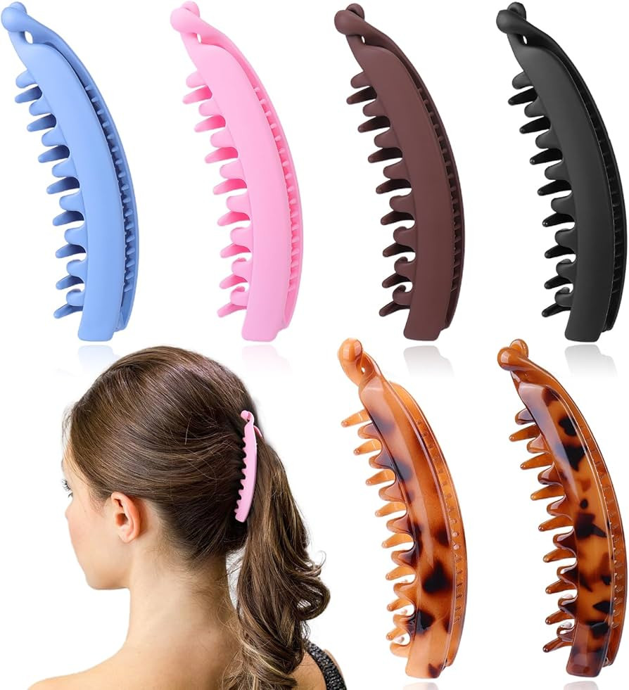 Hair Clip, 6 PCS 4.75" Large Banana Claw Clips for Women Girls, Vintage Stretchy Banana Hair Clip... | Amazon (US)
