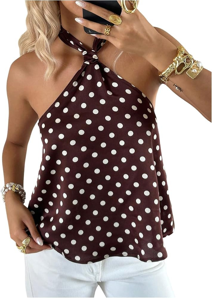 OYOANGLE Women's Silky Satin Polka Dots Halter Top Sleeveless Backless Shirts Going Out Tops | Amazon (US)