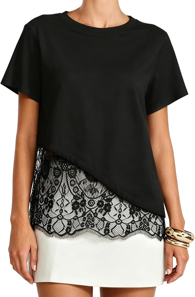 Women's Lace Patchwork Tops Cotton Short Sleeve T Shirts | Amazon (US)