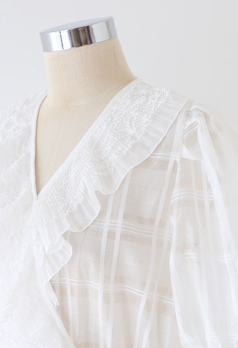 Lace Trim Plaid Organza Dress in White | Chicwish
