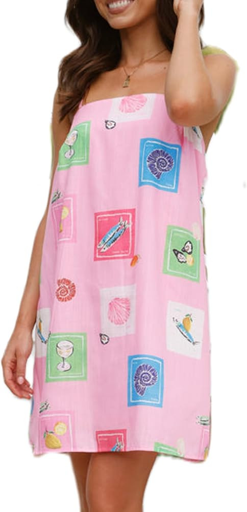 Women Boho Graffiti Cami Mini Dress Spaghetti Strap Printed A Line Short Dress Cute Colorful Sund... | Amazon (US)