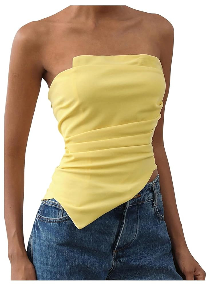 Milumia Women's Ruched Strapless Tube Top Asymmetrical Hem Slim Fitted Summer Tops | Amazon (US)