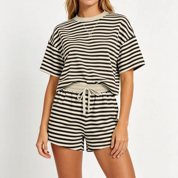 Binmer Women's Striped 2 Piece Outfit, Short Sleeve T-Shirt and Drawstring Shorts Loungewear Set ... | Walmart (US)
