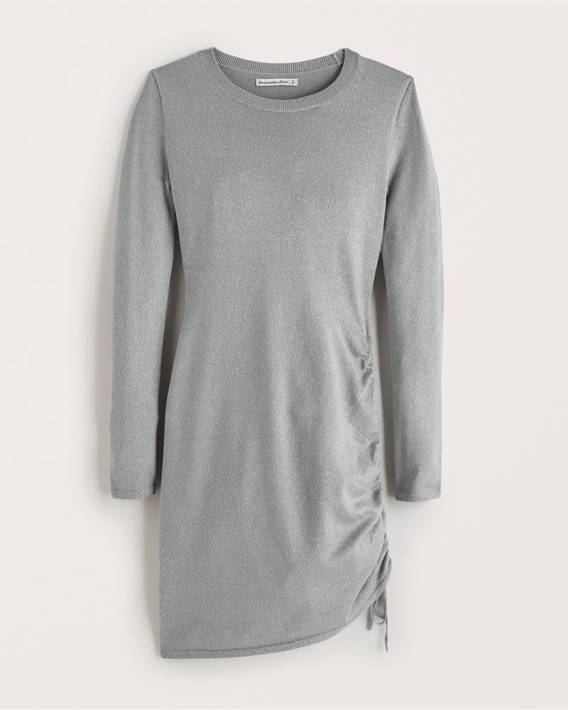 Abercrombie & Fitch Women's Sparkly Asymmetrical Ruched Mini Sweater Dress in Grey Sparkle - Size L  | Abercrombie & Fitch (US)