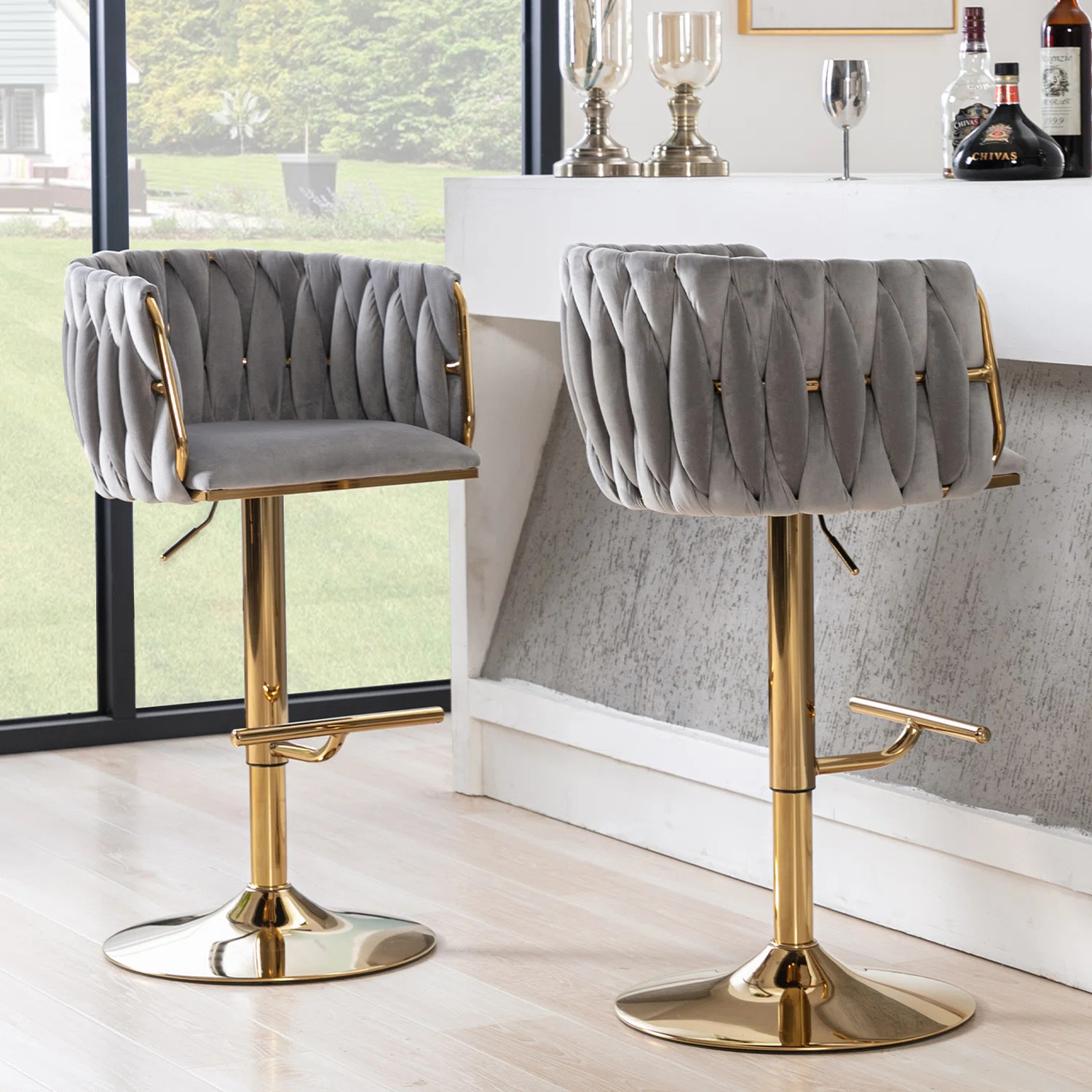 Everly Quinn Swivel Adjustable Height Bar Stool Modern Velvet Barstool with Barrel Back Kitchen I... | Wayfair North America