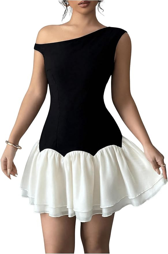 Verdusa Women's Color Block Ruffle Off Shoulder Dress Drop Waist Layered Mesh Mini Dress | Amazon (US)