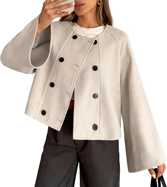 utcoco Women's Cropped Wool Coats Double Breasted Pea Coat Casual Short Jacket with Pocket | Amazon (US)