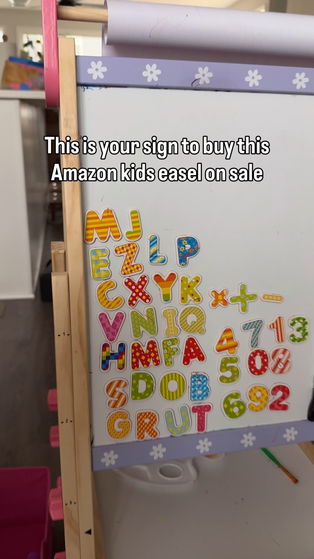 Easel with white board + markers+ magnetic letters, paper roll + washable paint + brushes+ apron, chalk board + chalk for kids all in one from Amazon Prime Day deals! 🎨