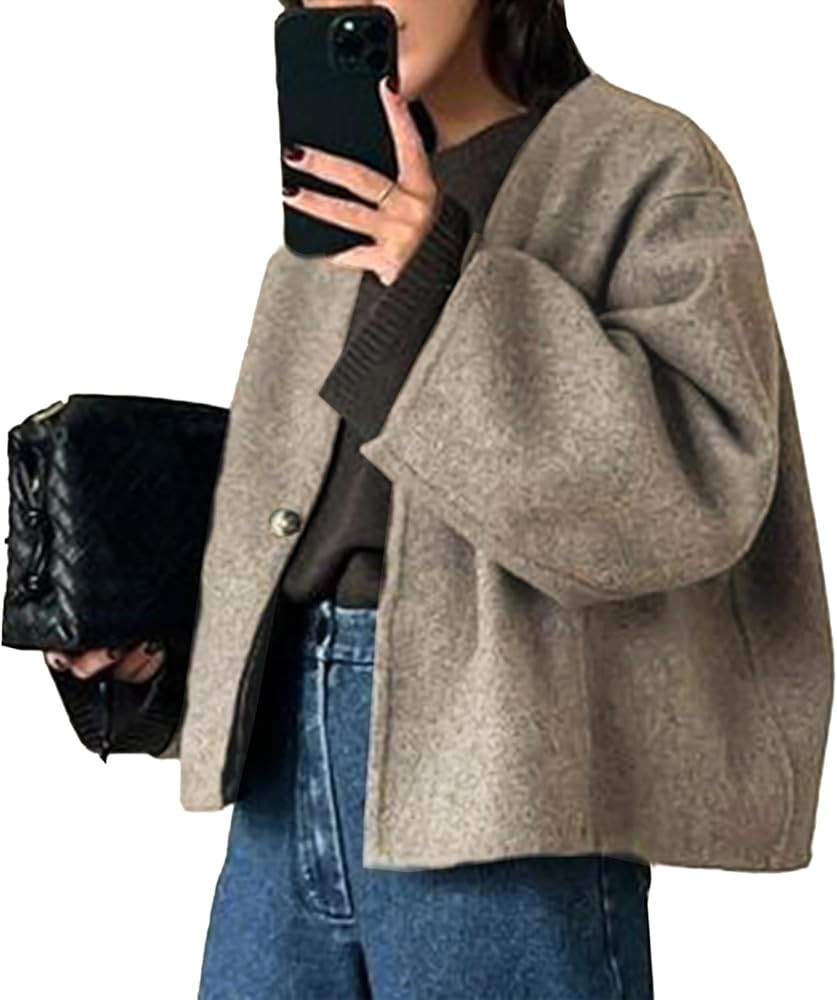 HOTIAN Women Cropped Wool Blend Coats Long Sleeve Coat Jacket Peacoat Fall Winter Outwear Overcoa... | Amazon (US)