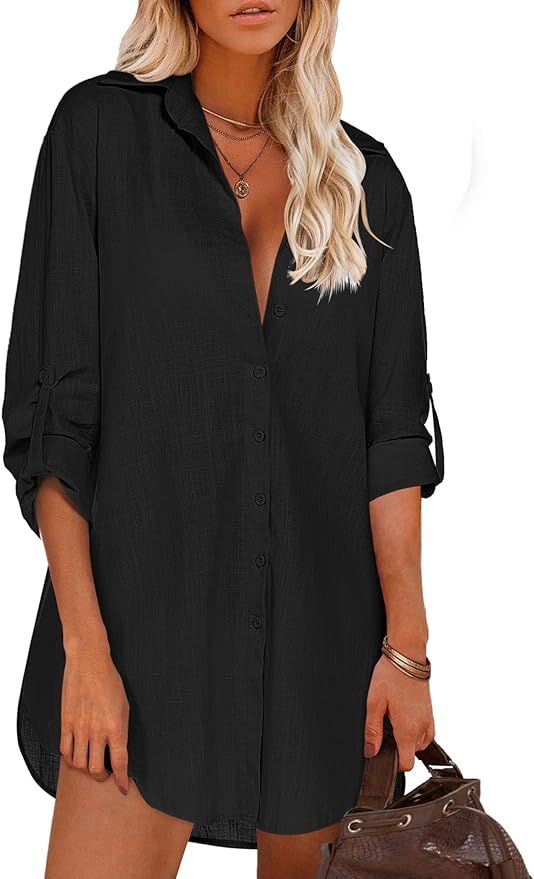 HOTOUCH Women Boyfriend Shirts Button Down Long Sleeve Blouse Cuffed Sleeve Collared Shirt | Amazon (US)
