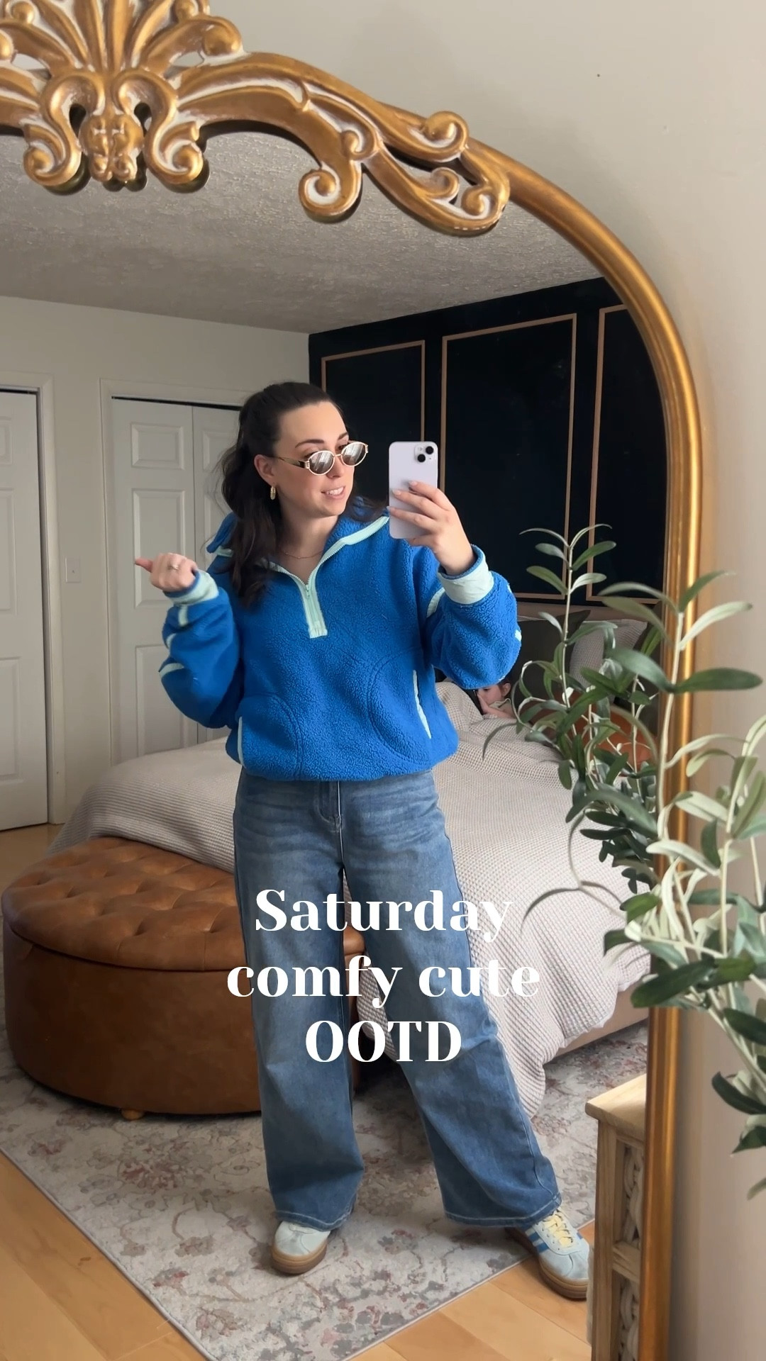 Saturday comfy cute OOTD
free people style (exact dupe, lookalike) blue fleece pullover - perfect for transitioning to Spring 💙🩵

Casual outfit - Amazon under $50 jeans + adidas gazelles (blue and yellow), gold hoops, gold accessories, designer dupe sunglasses under $20 on Amazon! 

#LTKShoeCrush #LTKFindsUnder50 #LTKWatchNow