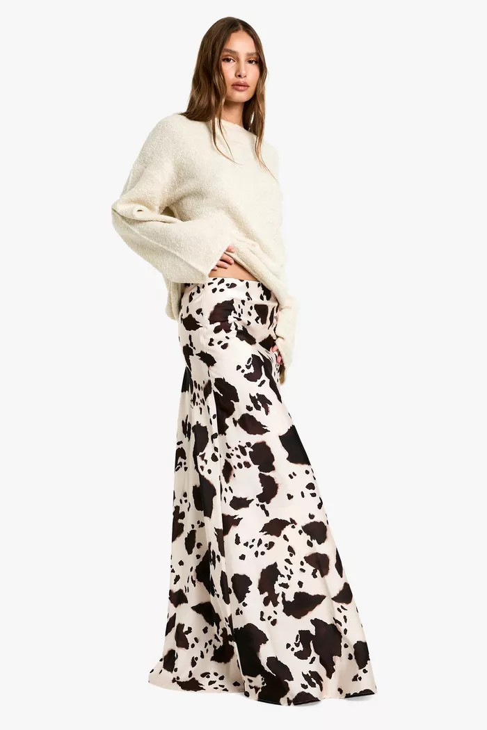 COW PRINT SATIN MAXI SKIRT | boohoo (US & Canada)
