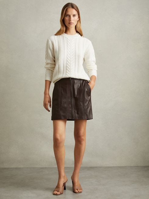 Leather Zip-Front Mini Skirt in Burgundy | Reiss UK