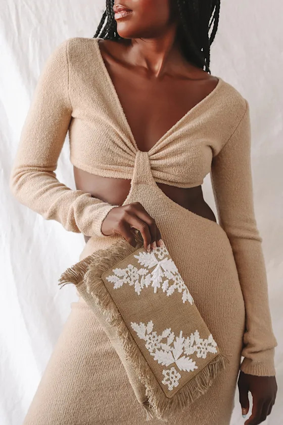 Easily Stunning Beige and White Embroidered Sequin Clutch | Lulus (US)