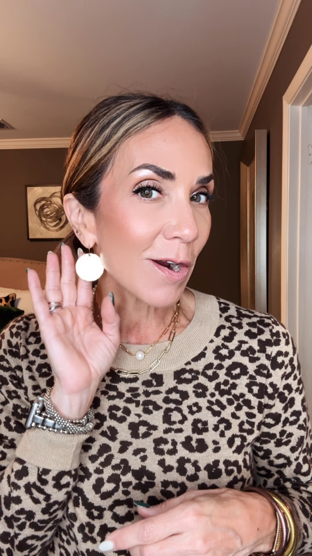 Leopard and pearls 
My sweater is limited in sizes but linked others 
Sweater weather 
Leopard 
Gold jewelry


#LTKSaleAlert #LTKSeasonal #LTKStyleTip