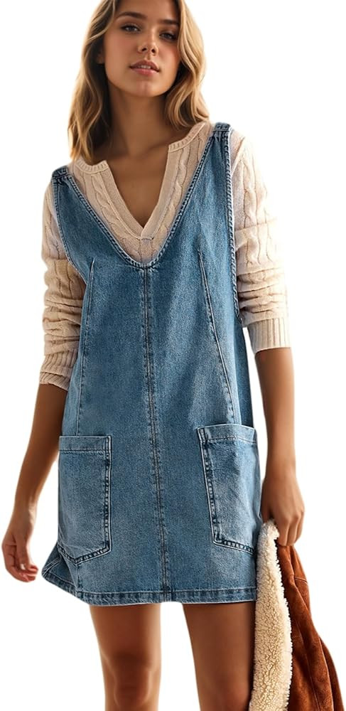 LifeShe Denim Overall Dress for Women Sleeveless High Roller Skirtall Short Jean Jumper Dress Min... | Amazon (US)