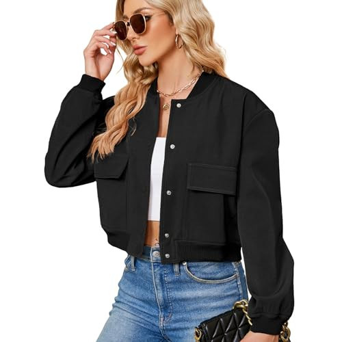 Zando Cropped Bomber Jacket Women - Short Black Cropped Jacket Women Button Down Jackets for Womens Trendy with Pockets Long Sleeve Baseball Casual Varsity Jackets for Daily Work Outdoor Travel S | Amazon (US)