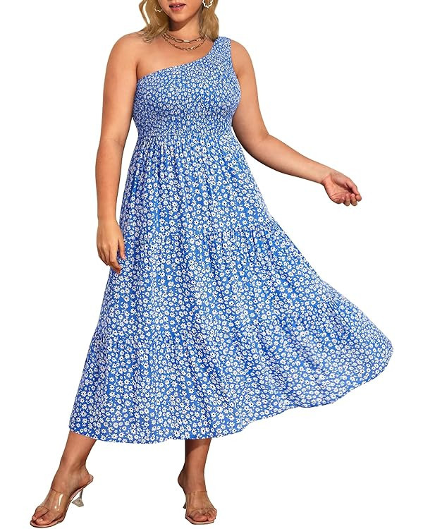 Pinup Fashion Women Plus Size One Shoulder Sleeveless Casual Summer Smocked Tiered Flowy Beach Bo... | Amazon (US)