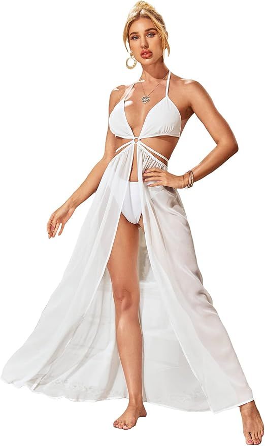 Verdusa Women's Cut Out Sheer Mesh Split Bikini Swimsuit Cover Up Halter Maxi Dress | Amazon (US)