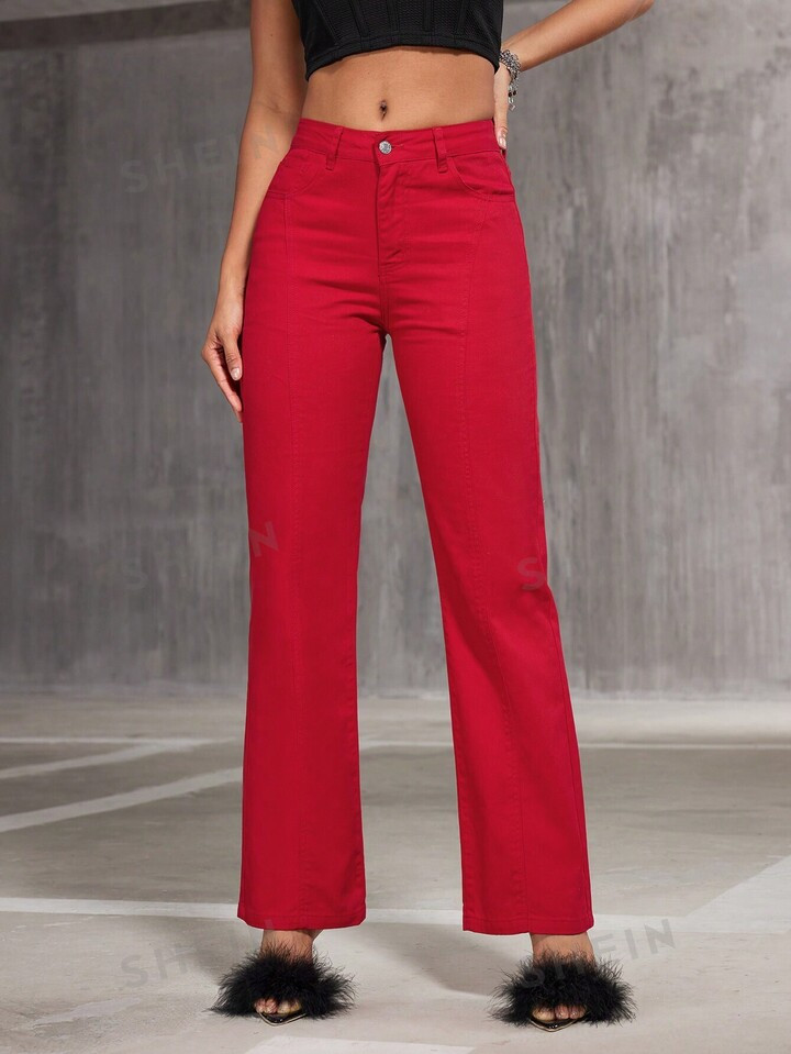SHEIN BAE Solid Color Denim Flare Pants | SHEIN
