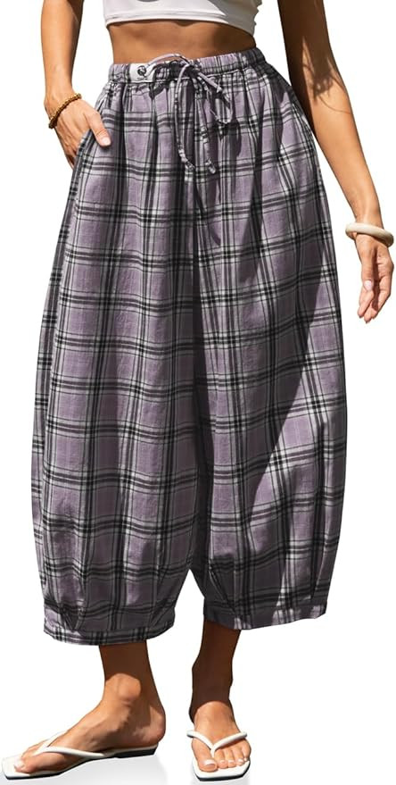 TARSE Women's Plaid Cotton Linen Wide Leg Pants with Pockets | Plaid Barrel Leg Loose Harem Pants... | Amazon (US)