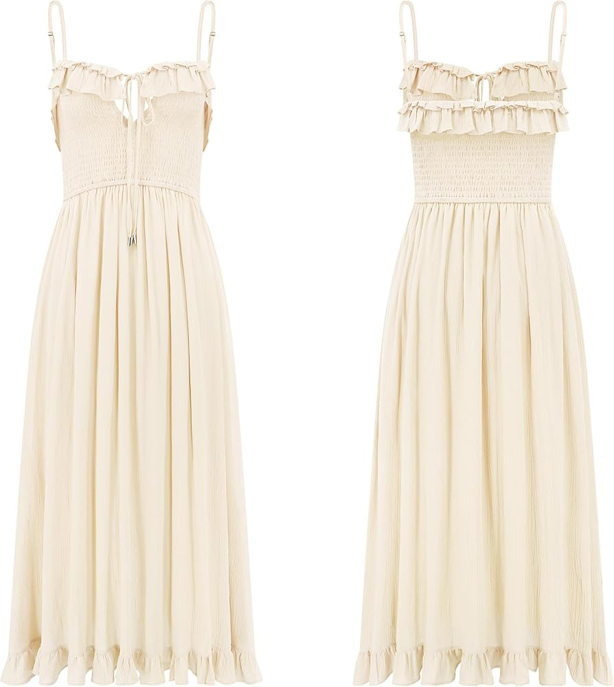 Amazon.com: R.Vivimos Womens Summer Cotton Spaghetti Straps V-Neck Ruffle Casual Boho Midi Flowy ... | Amazon (US)