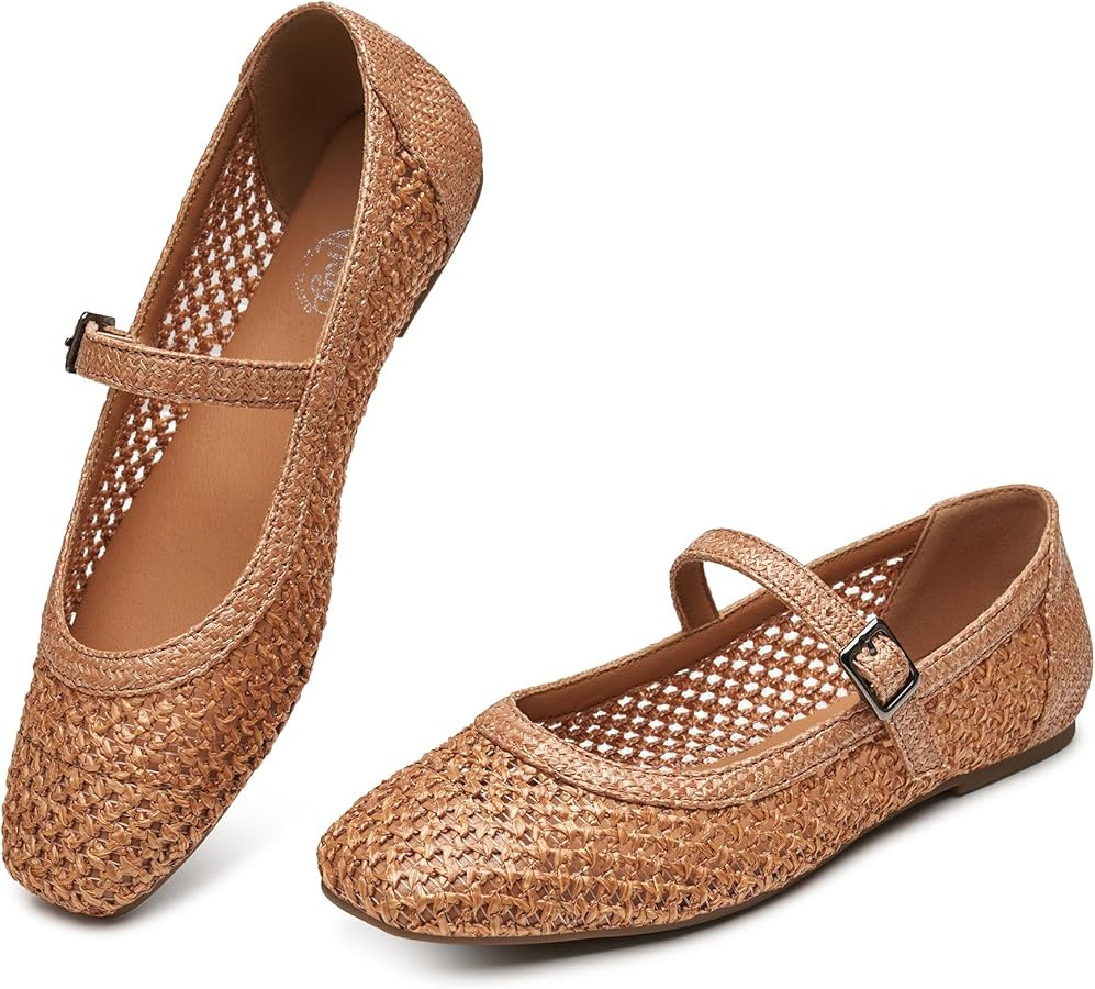 Trary Mary Jane Shoes Women Woven Flats for Women Dressy Ballet Flats Squared Toe Mary Jane Flats... | Amazon (US)