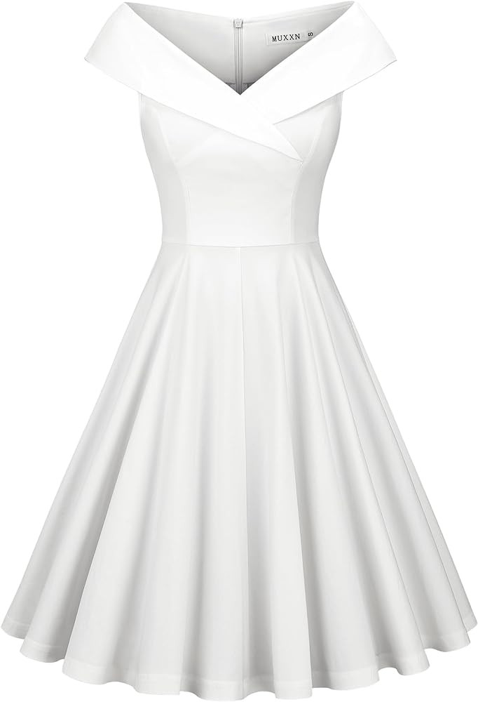 MUXXN Women's Vintage 1950s Sleeveless Midi V Neck Wedding Guest Party Swing Dresses Off White L | Amazon (US)