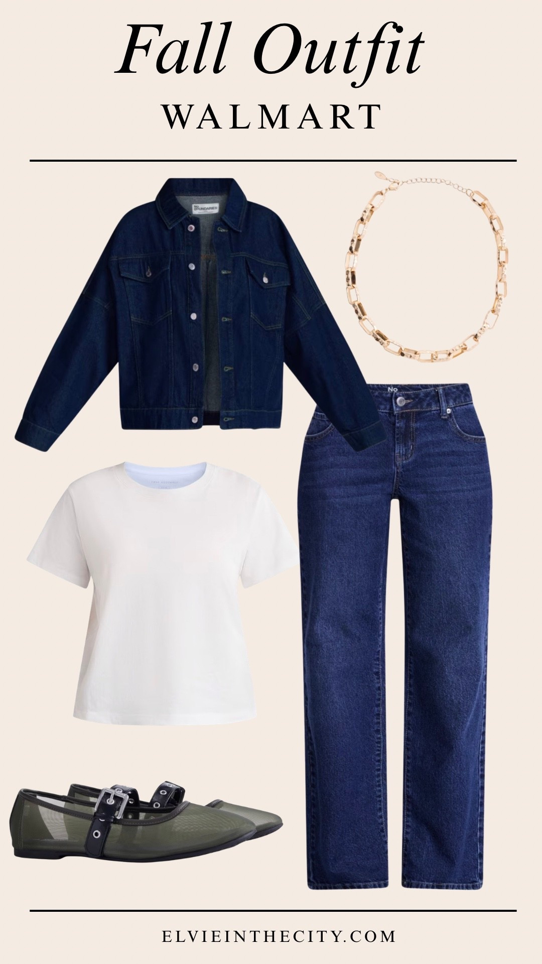 This fall outfit from Walmart includes an oversized denim cotton jacket, a white boxy tee, straight leg blue jeans, green mesh Mary Jane flats, and a gold chunk twist chain necklace

Walmart finds, over 50 style, midlife fashion, petite fashion,midlife women, affordable fashion, fashion over40

#LTKOver40 #LTKPetite #LTKootd
