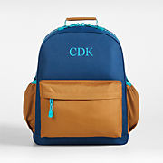 Colorblock Navy and Ochre Personalized Large Kids School Backpack with Side Pockets + Reviews | C... | Crate & Barrel