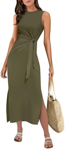 ANRABESS Womens Summer Casual Sleeveless T Shirt Midi Dress Slim Fit Tie Waist Split Tank Long Dr... | Amazon (US)