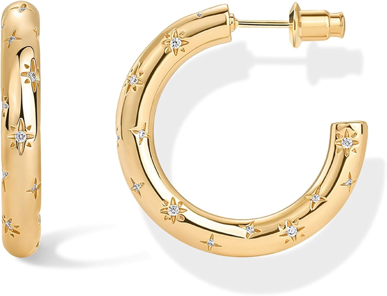 PAVOI 14K Gold Plated Star Shine Hoop Earrings for Women | Cubic Zirconia Celestial Chunky Hoops ... | Amazon (US)