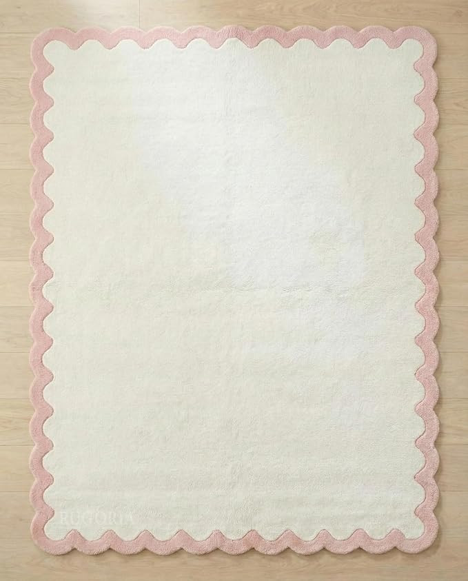 Hand-Tufted Wool Area Rug with Scalloped Edge, Plush Ivory Solid Carpet with Contrast Border, Sof... | Amazon (US)