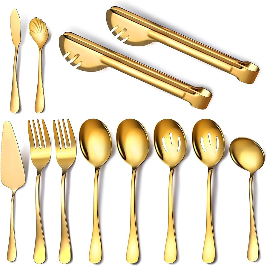 Gold Serving Utensils,12 Pcs Stainless Steel Serving Utensil with Serving Spoon,Slotted Spoons,Se... | Amazon (US)