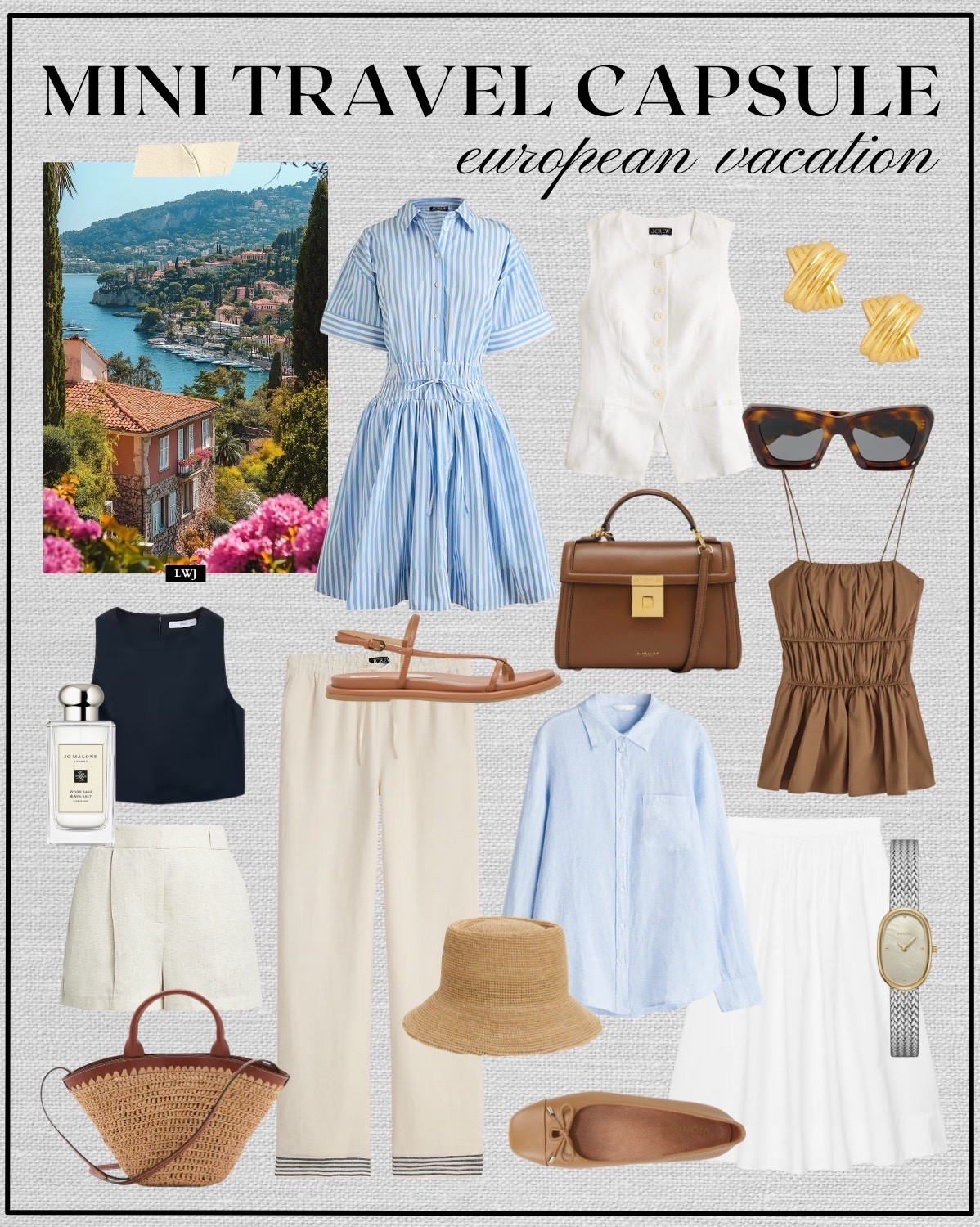 Mini travel capsule: European vacation 

French Riviera / coastal / striped short dress / white linen vest / navy blue linen top / tan smocked peplum shirt / light blue button up shirt / relaxed pants / white peplum skirt / beige linen shorts / summer style / minimal style 

#LTKTravel #LTKSeasonal