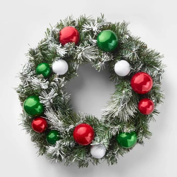 22in Unlit Flocked Greenery Shatter-Resistant Artificial Wreath Red/Green  - Wondershop&#8482; | Target